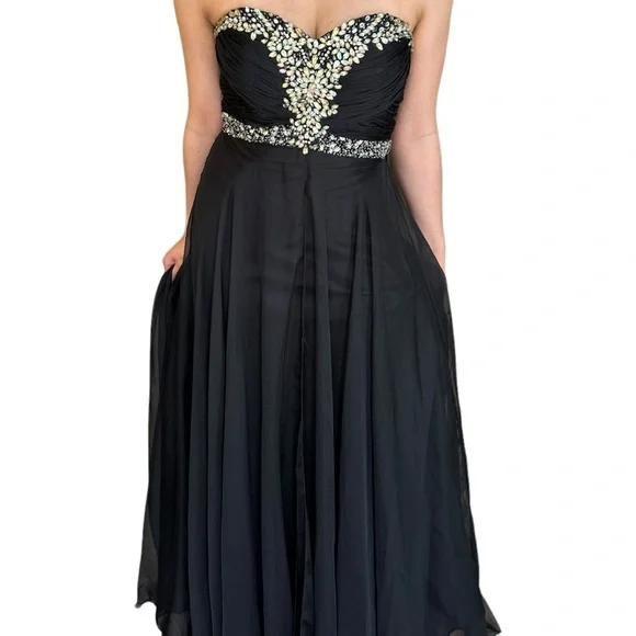✨Host Pick✨ BLACK CHIFFON PROM FORMAL EVENING GOWN WITH RHINESTONE ACCENTS 4 - Picture 4 of 16